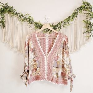 FREE PEOPLE Floral Tie Sleeve Button Front Top M